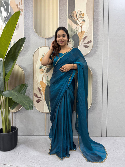 BLUE COLOR SPACE SILK GOWN SAREE WITH BEADS LACE & DUPATTA