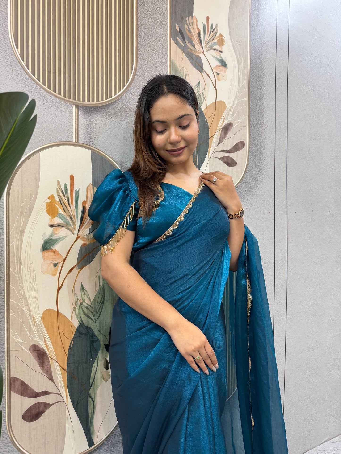 BLUE COLOR SPACE SILK GOWN SAREE WITH BEADS LACE & DUPATTA