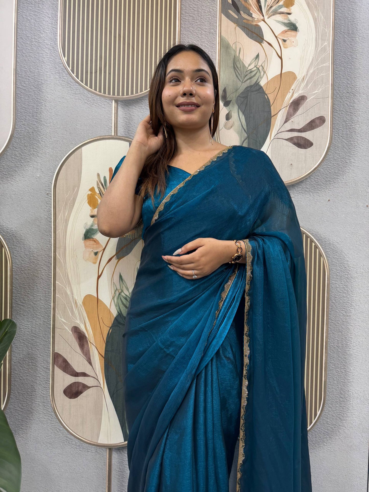 BLUE COLOR SPACE SILK GOWN SAREE WITH BEADS LACE & DUPATTA
