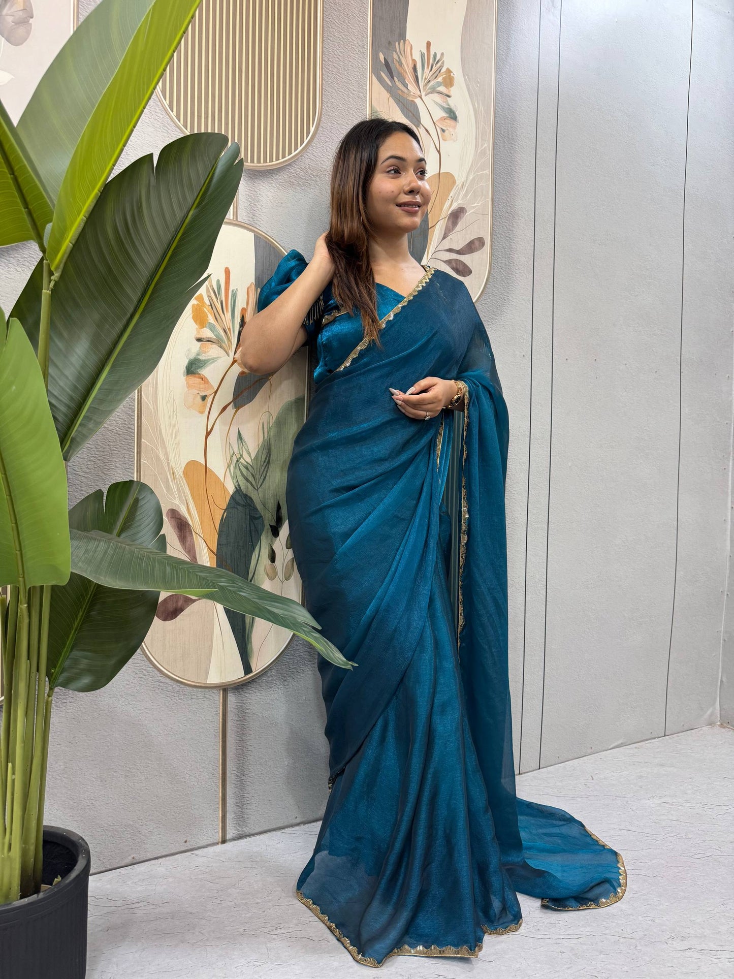 BLUE COLOR SPACE SILK GOWN SAREE WITH BEADS LACE & DUPATTA