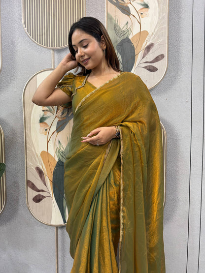 BRONZE COLOR SPACE SILK GOWN SAREE WITH BEADS LACE & DUPATTA
