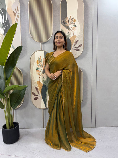 BRONZE COLOR SPACE SILK GOWN SAREE WITH BEADS LACE & DUPATTA