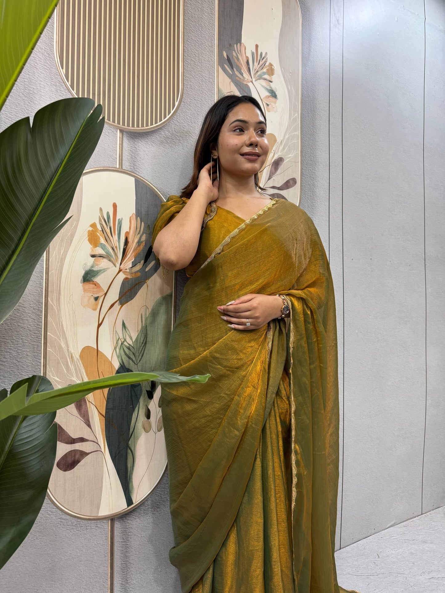 BRONZE COLOR SPACE SILK GOWN SAREE WITH BEADS LACE & DUPATTA