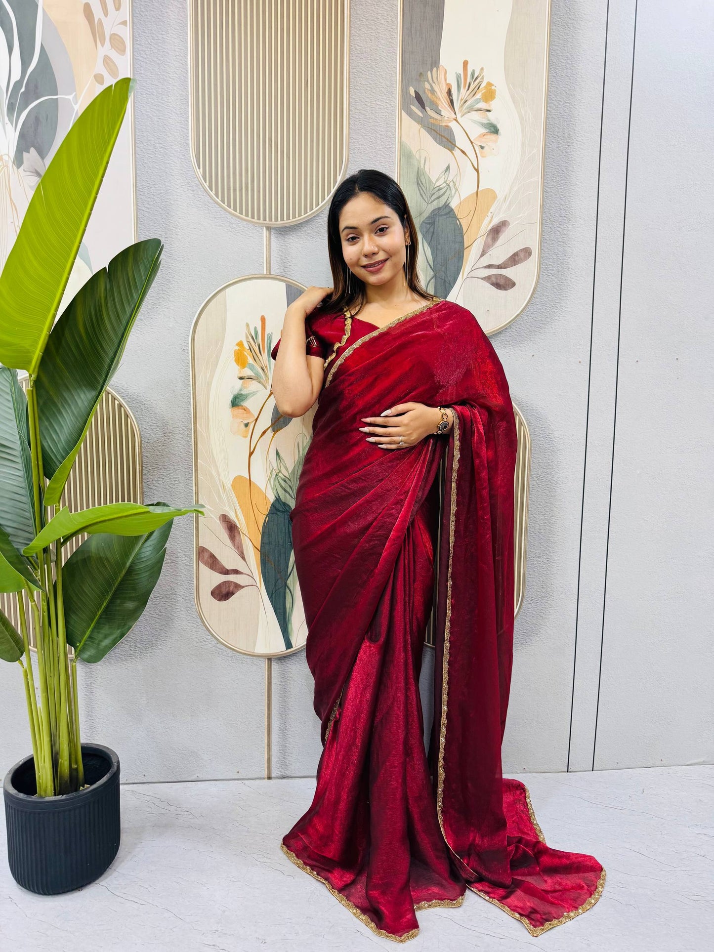 RED SPACE SILK GOWN SAREE WITH BEADS LACE & DUPATTA