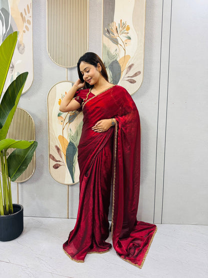 RED SPACE SILK GOWN SAREE WITH BEADS LACE & DUPATTA