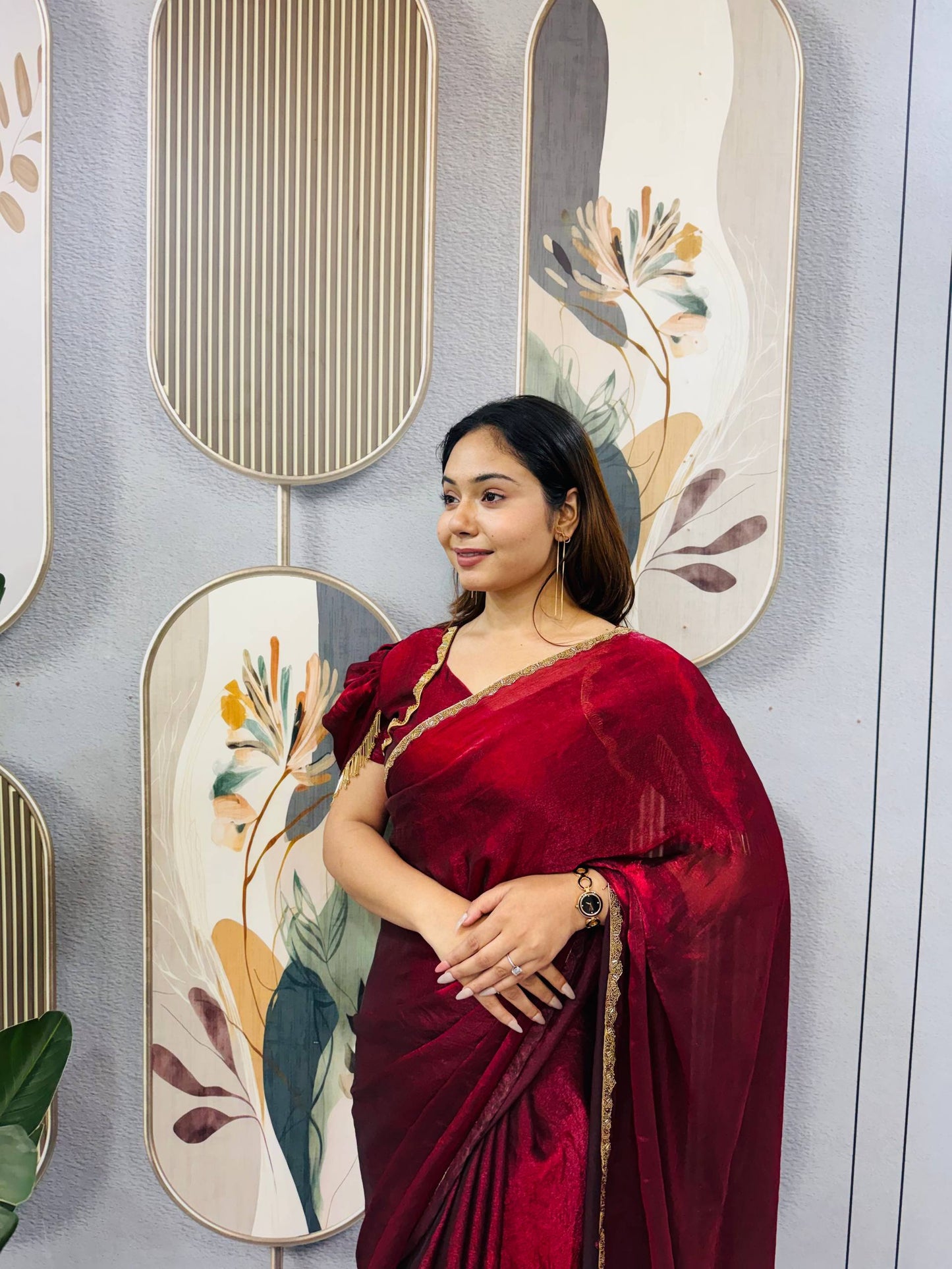 RED SPACE SILK GOWN SAREE WITH BEADS LACE & DUPATTA