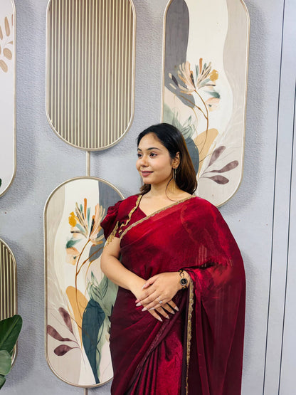 RED SPACE SILK GOWN SAREE WITH BEADS LACE & DUPATTA