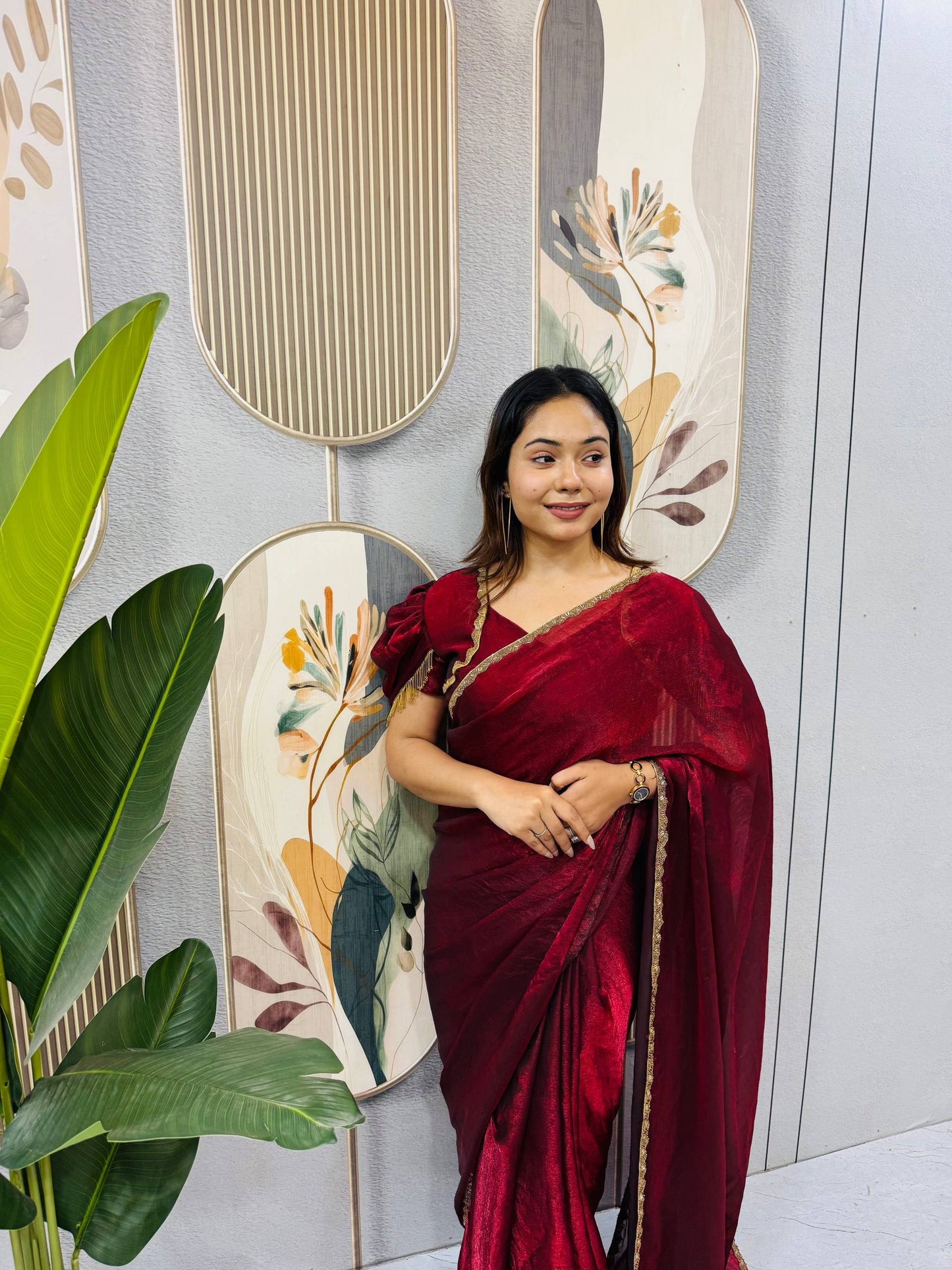 RED SPACE SILK GOWN SAREE WITH BEADS LACE & DUPATTA