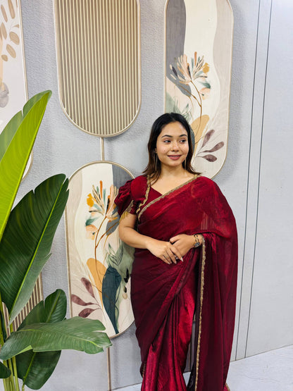 RED SPACE SILK GOWN SAREE WITH BEADS LACE & DUPATTA