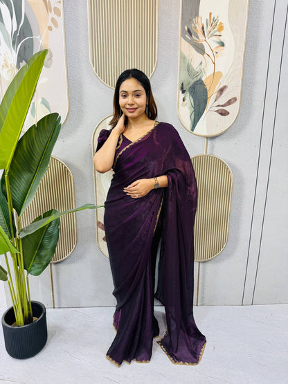 PURPLE SPACE SILK GOWN SAREE WITH BEADS LACE & DUPATTA