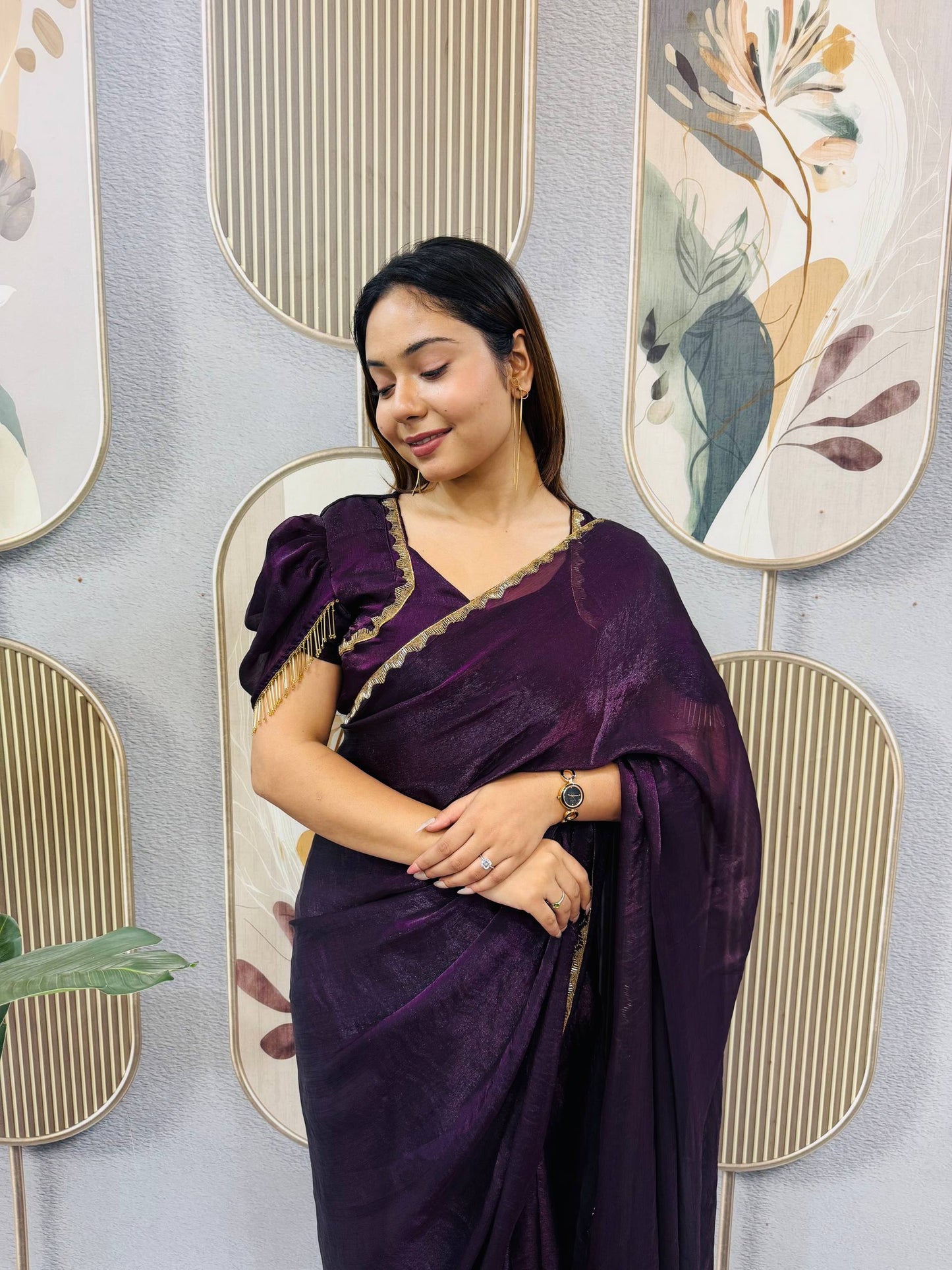 PURPLE SPACE SILK GOWN SAREE WITH BEADS LACE & DUPATTA