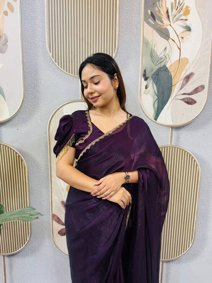 PURPLE SPACE SILK GOWN SAREE WITH BEADS LACE & DUPATTA