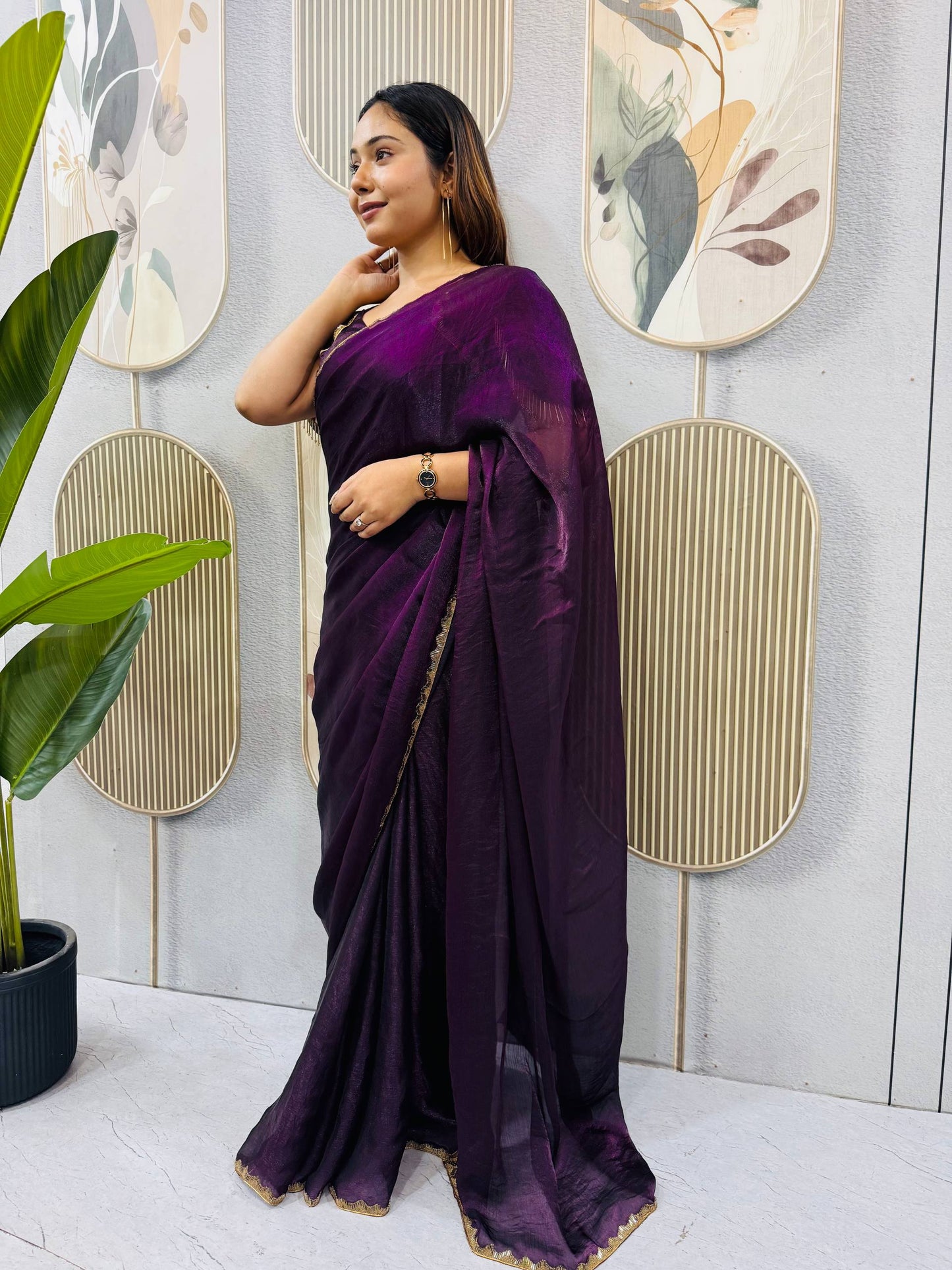 PURPLE SPACE SILK GOWN SAREE WITH BEADS LACE & DUPATTA