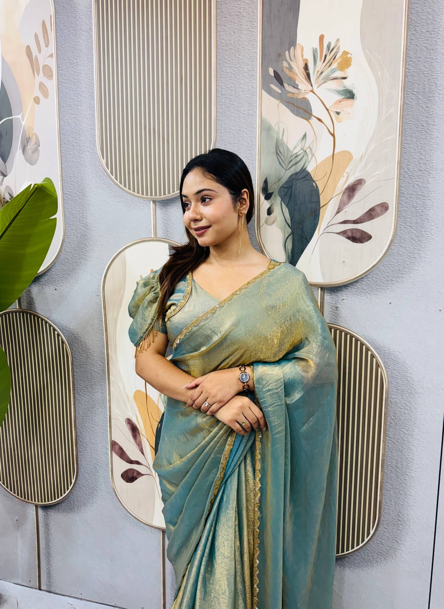 OLIVE SPACE SILK GOWN SAREE WITH BEADS LACE & DUPATTA
