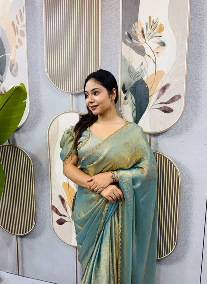 OLIVE SPACE SILK GOWN SAREE WITH BEADS LACE & DUPATTA