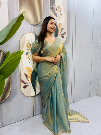OLIVE SPACE SILK GOWN SAREE WITH BEADS LACE & DUPATTA