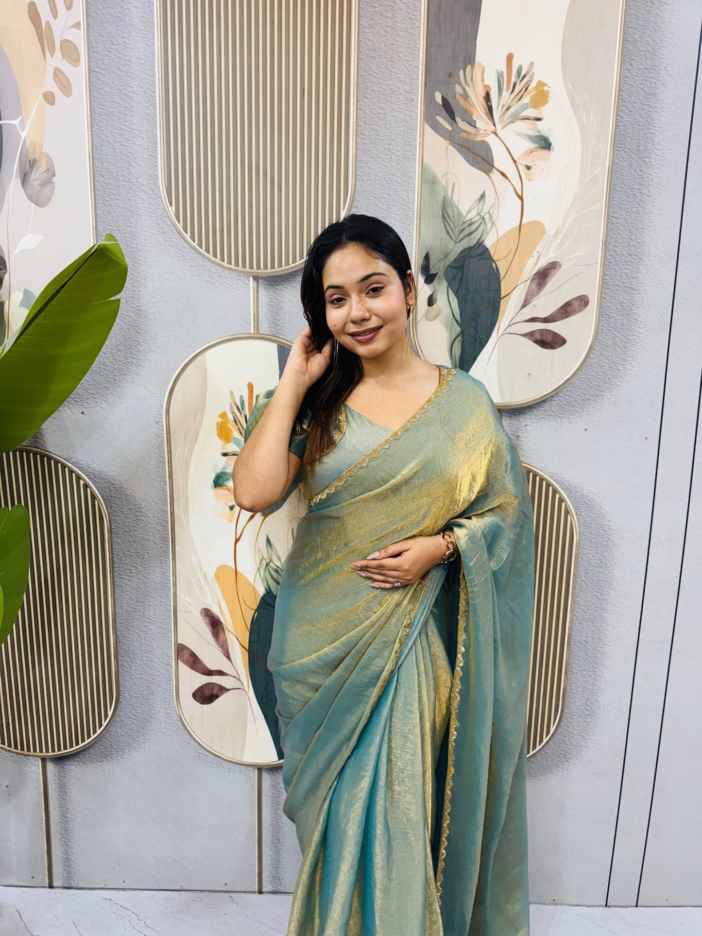 OLIVE SPACE SILK GOWN SAREE WITH BEADS LACE & DUPATTA