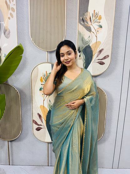 OLIVE SPACE SILK GOWN SAREE WITH BEADS LACE & DUPATTA