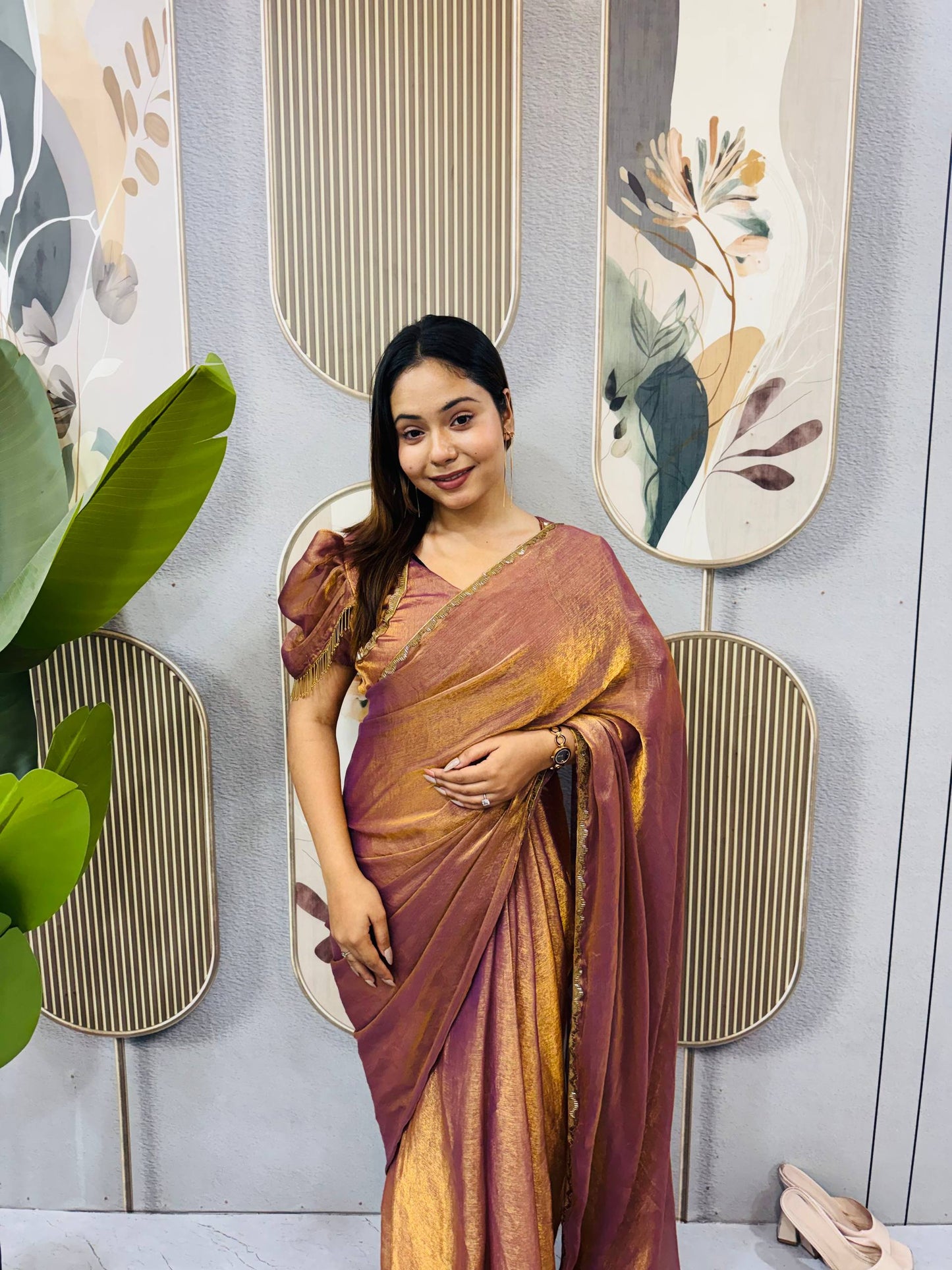 COPPER COLOR SPACE SILK GOWN SAREE WITH BEADS LACE & DUPATTA