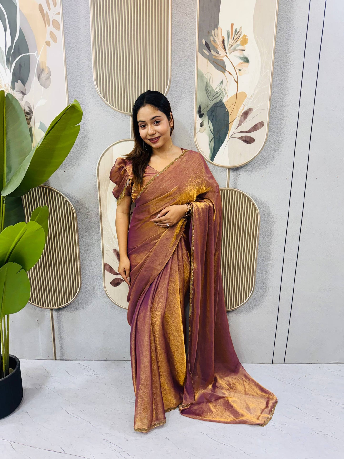 COPPER COLOR SPACE SILK GOWN SAREE WITH BEADS LACE & DUPATTA