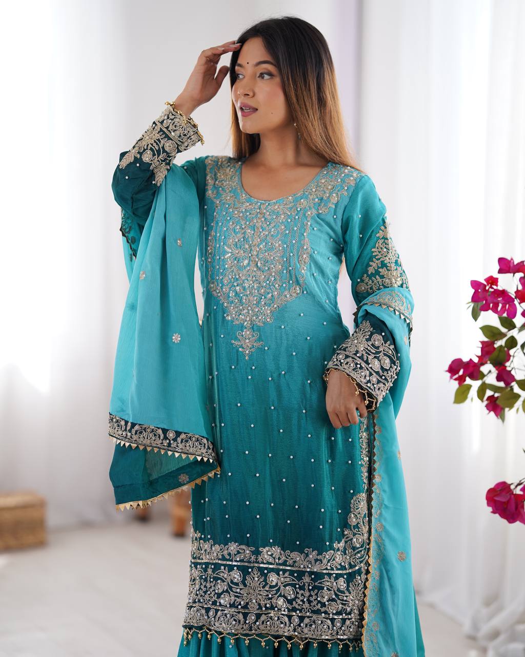 TURKISH JADE COLOR GRACEFUL DUAL SHADED SHARARA SETS