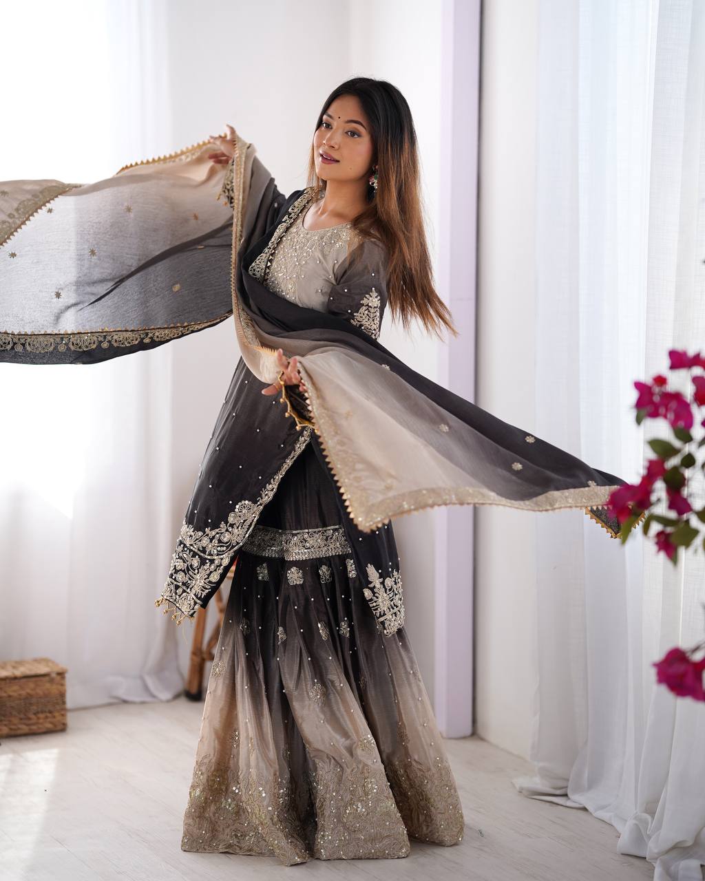 ONYX BLACK COLOR GRACEFUL DUAL SHADED SHARARA SETS