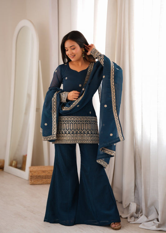TEAL BLUE EMBROIDERED TRADITIONAL KURTA PALAZZO SUIT SET