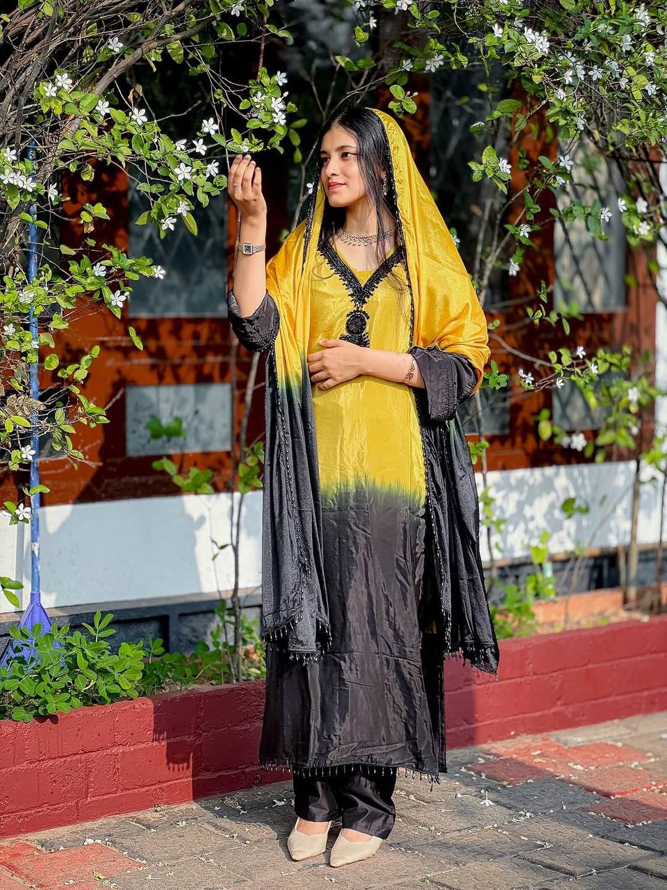 YELLOW DESIGNER LOOK PARTY WEAR STYLE LONG KURTI SET