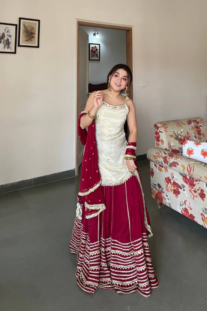 LUXE FENDY SILK MIRROR WORK KURTI LEHENGA SET