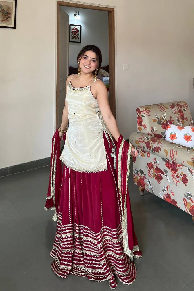 LUXE FENDY SILK MIRROR WORK KURTI LEHENGA SET