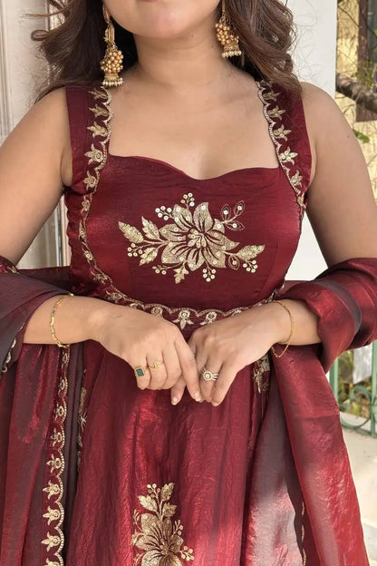MAROON DESIGNER ANARKALI WITH SABYASACHI STYLE NECKLINE