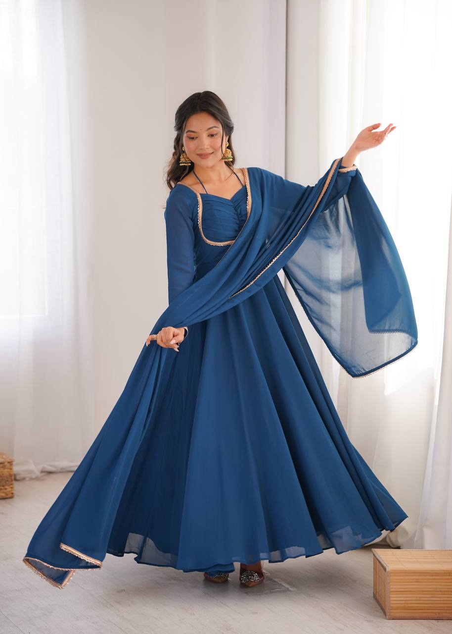 TEAL BLUE COLOR PURE BLOOMING GEORGETTE ANARKALI GOWN