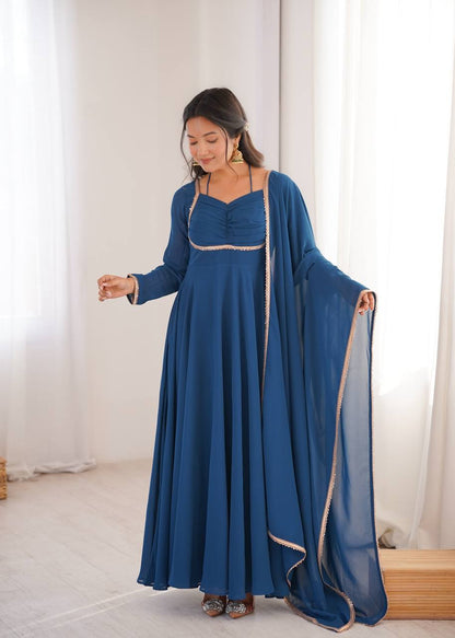 TEAL BLUE COLOR PURE BLOOMING GEORGETTE ANARKALI GOWN