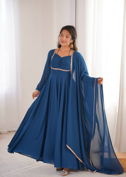 TEAL BLUE COLOR PURE BLOOMING GEORGETTE ANARKALI GOWN