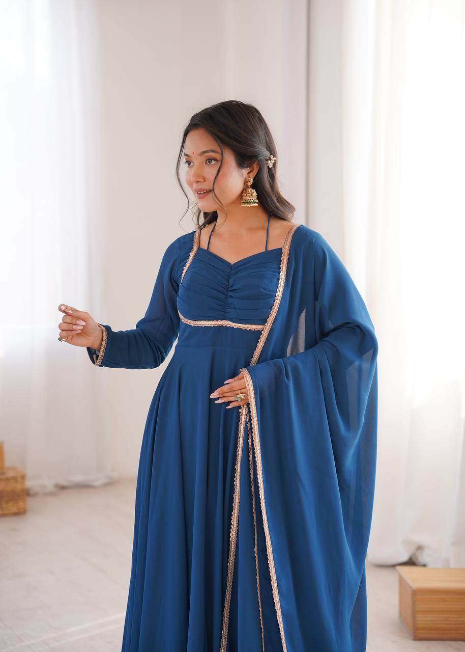 TEAL BLUE COLOR PURE BLOOMING GEORGETTE ANARKALI GOWN