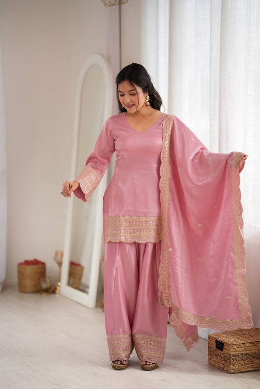 DUSTY PINK COLOR ROMAN SILK EMBROIDERED FARSHI SALWAR SUIT