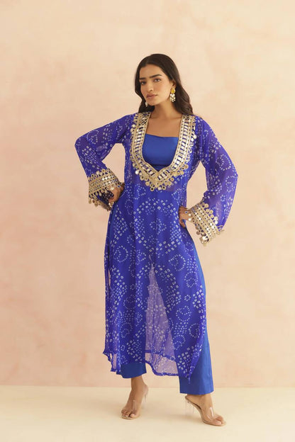BANDHEJ PRINT MIRROR LACE WORK FUSION KURTI STYLE CO-ORD SET