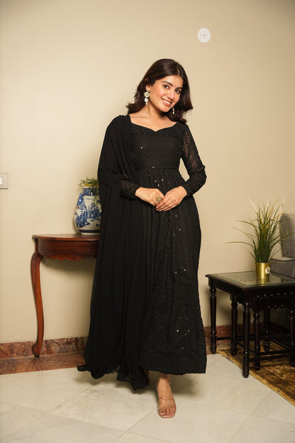 BLACK COLOR GEORGETTE LUCKNOWI ANARKALI SUIT SET OF 3