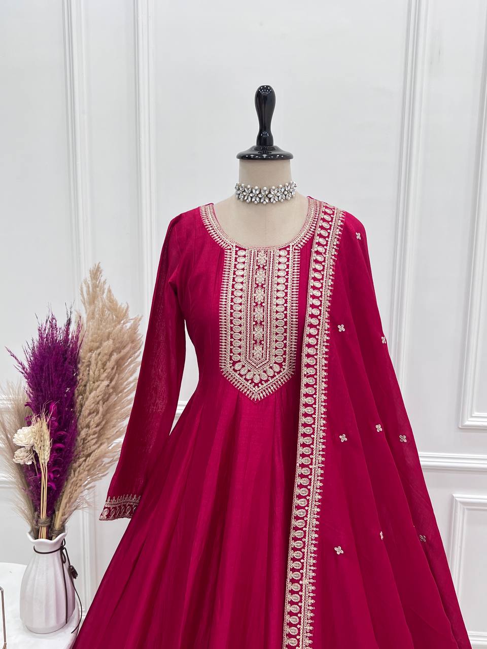 DARK PINK COLOER HEAVY VICHITRA SILK BASE TRADITIONAL ANARKALI GOWN