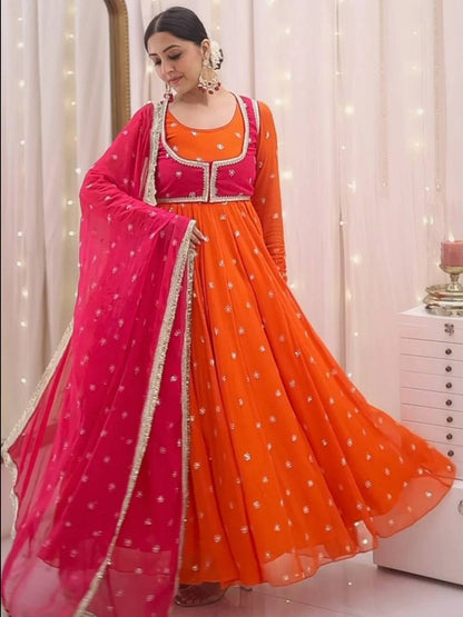 ORANGE AND PINK COLOR EMBROIDERY SEQUENCE WORK ANARKALI SUIT