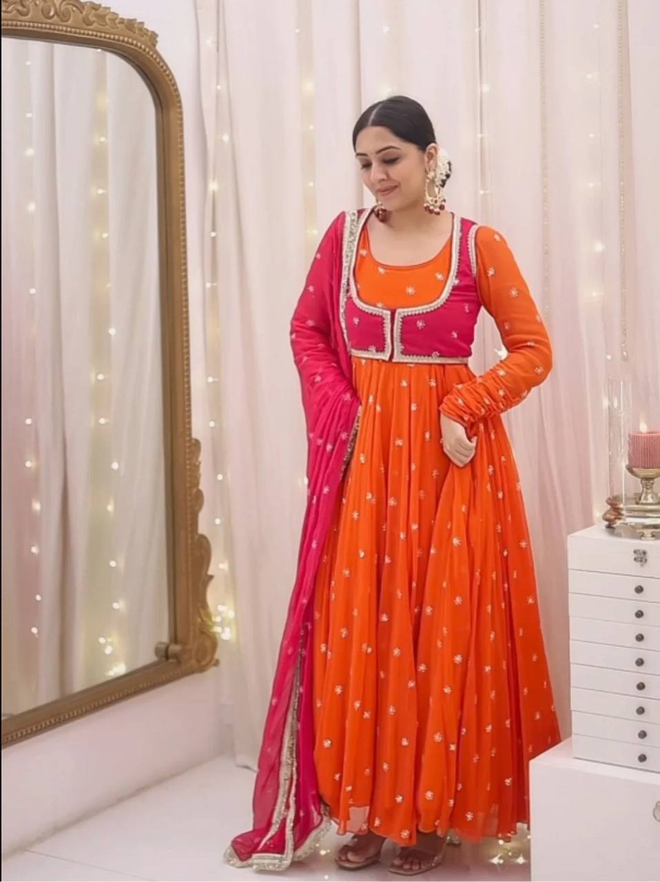 ORANGE AND PINK COLOR EMBROIDERY SEQUENCE WORK ANARKALI SUIT
