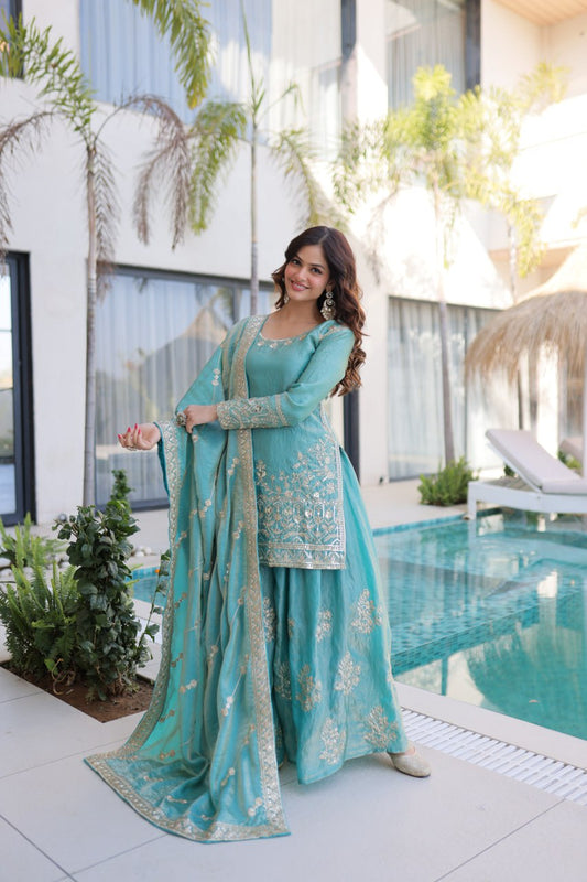 DUSTY BLUE COLOR EMBROIDERED SHARARA SET