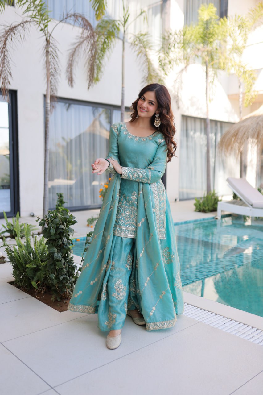 DUSTY BLUE COLOR EMBROIDERED SHARARA SET