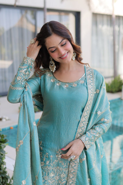 DUSTY BLUE COLOR EMBROIDERED SHARARA SET