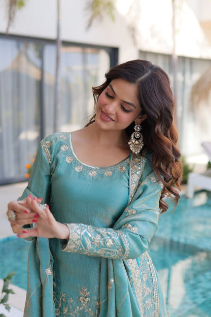 DUSTY BLUE COLOR EMBROIDERED SHARARA SET