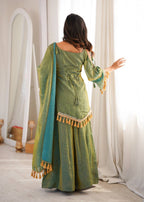 OLIVE GREEN DESIGNER KURTA PALAZZO SET WITH TASSEL DUPATTA