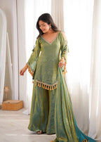 OLIVE GREEN DESIGNER KURTA PALAZZO SET WITH TASSEL DUPATTA