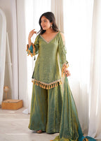 OLIVE GREEN DESIGNER KURTA PALAZZO SET WITH TASSEL DUPATTA