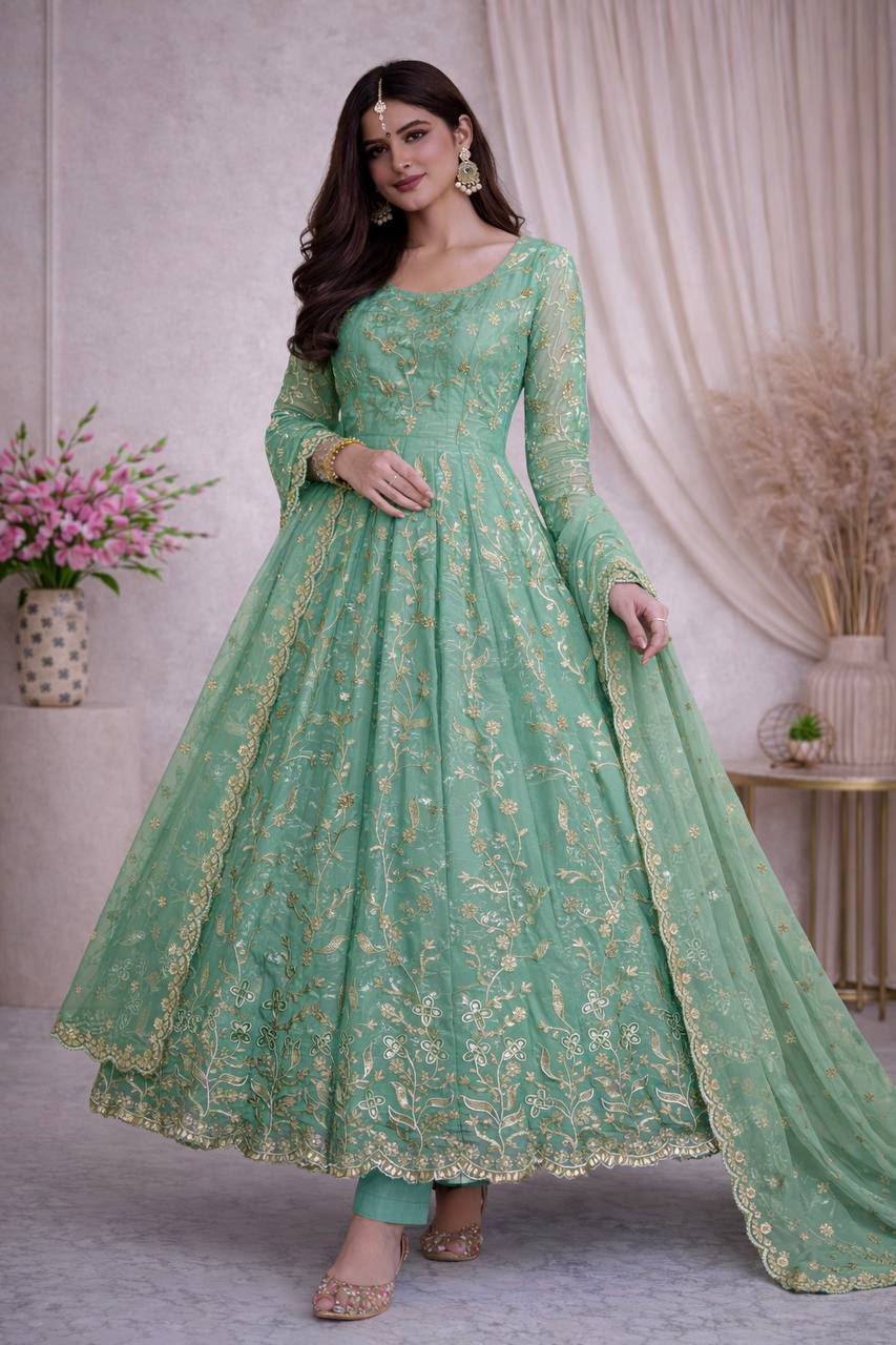 SEA GREEN COLOR HEAVY FANDY SILK EMBROIDERY SEQUENCE WORK ANARKALI SUIT