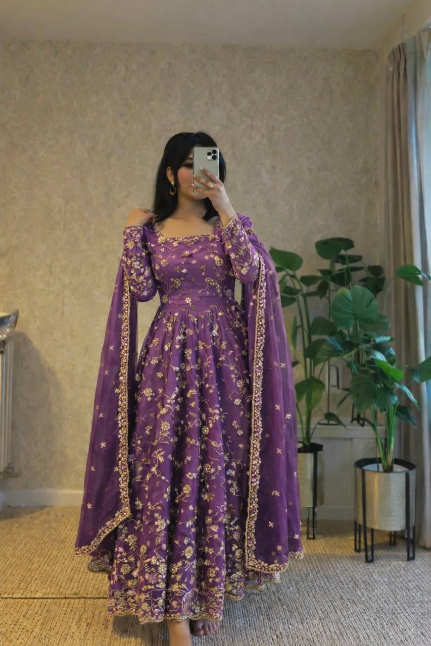 PURPLE COLOR HEAVY FANDY SILK EMBROIDERY SEQUENCE WORK ANARKALI SUIT